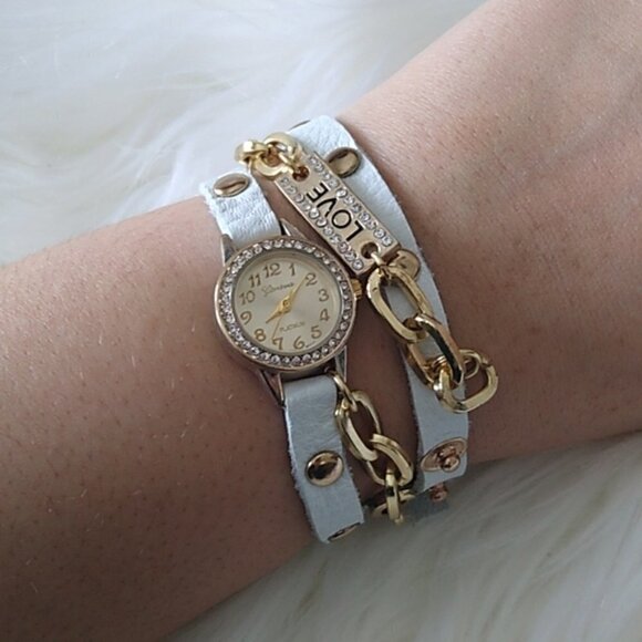 NWOT Geneva Platinum White & Gold 'Love' Rhinestone Wrap Bracelet Watch - Picture 2 of 8